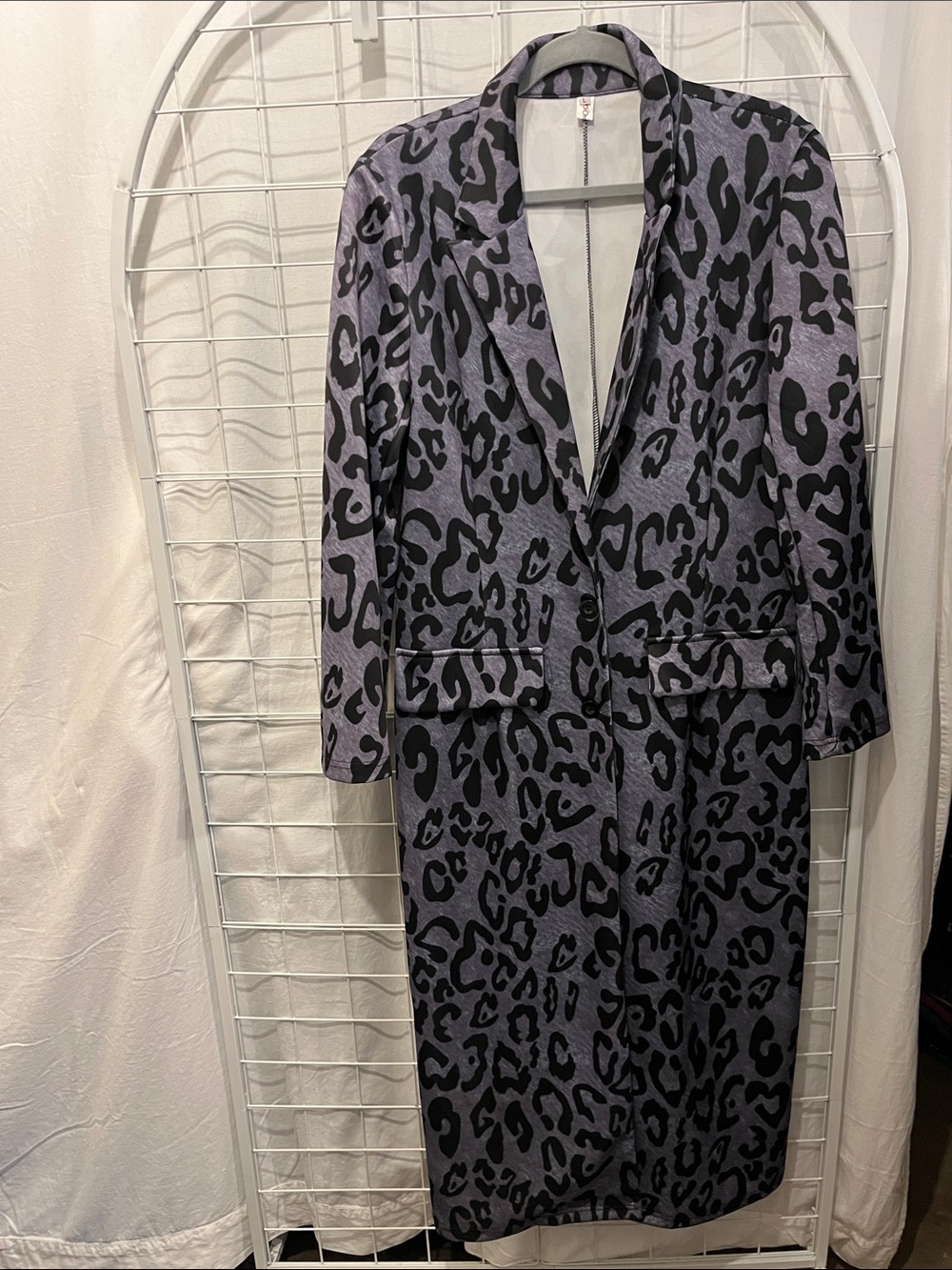 Funky Purple and Black Leopard Print Long Sleeve Maxi Coat. Size Large